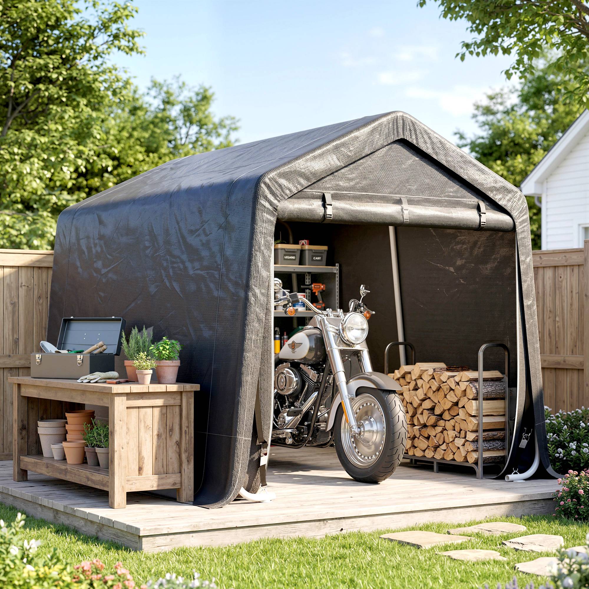 Tente garage auto moto outils, métal et bâche PE, 280x240x240cm, gris - Image 4