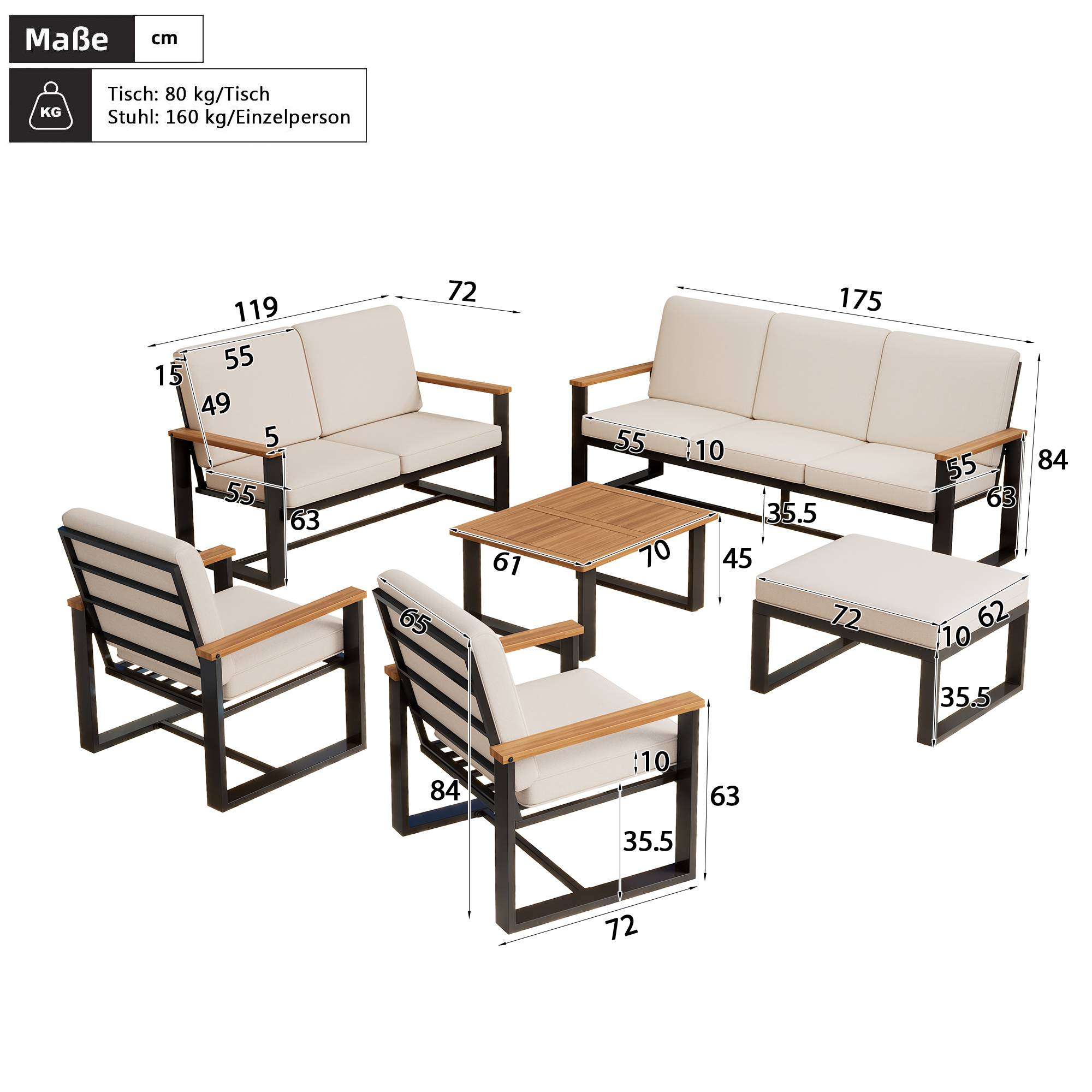 Salon de jardin 6 places acier acacia extérieur modulable coussins beiges - ComfortXL Outdoor Living - Image 3