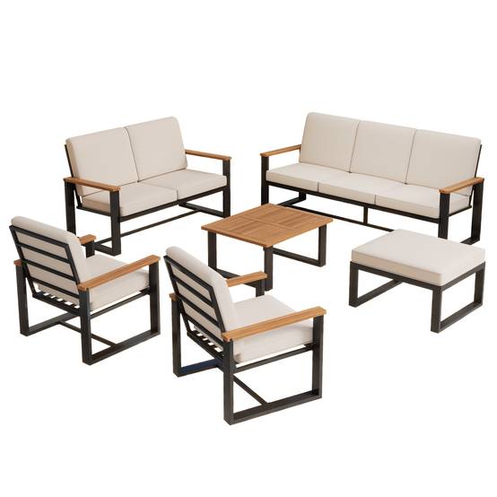 Salon de jardin 6 places acier acacia extérieur modulable coussins beiges - ComfortXL Outdoor Living - Image 2
