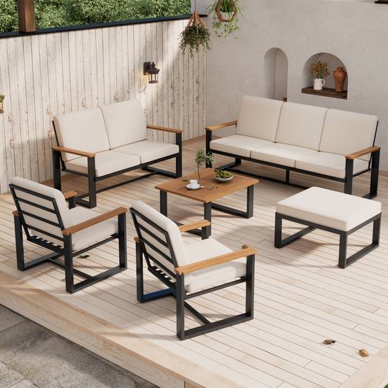 Salon de jardin 6 places acier acacia extérieur modulable coussins beiges - ComfortXL Outdoor Living - Image 1