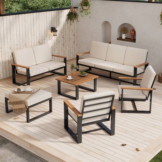 Salon de jardin 6 places acier acacia extérieur modulable coussins beiges - ComfortXL Outdoor Living - Image 10
