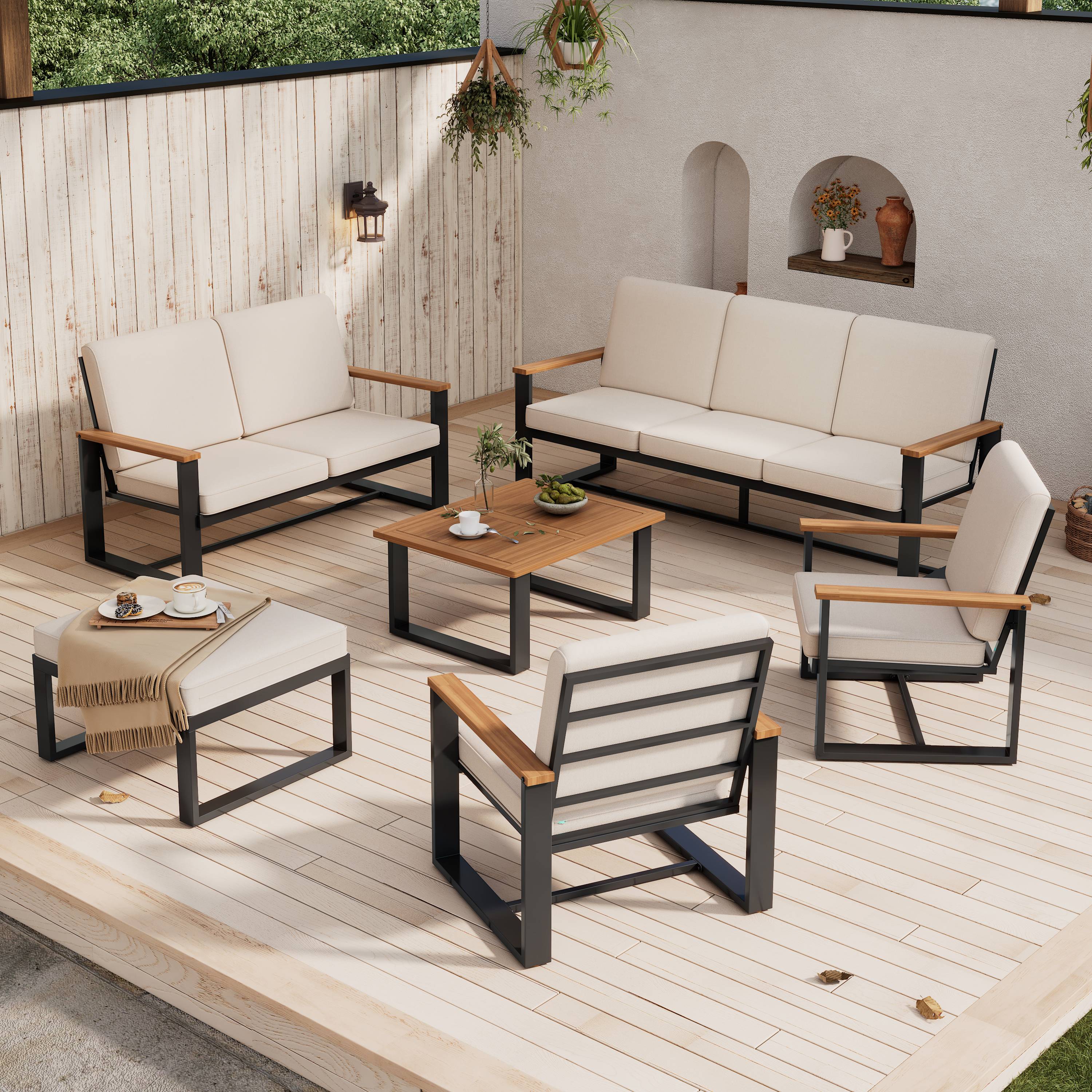 Salon de jardin 6 places acier acacia extérieur modulable coussins beiges - ComfortXL Outdoor Living - Image 10