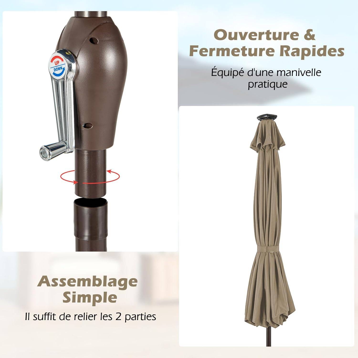 Costway - Parasol de Jardin Exterieur 3M, Parasol Inclinable 8 Baleines, Lumineux Solaire 24 LED, Manivelle, Anti-UV, Grand Parasol en Métal, Marron - Image 8