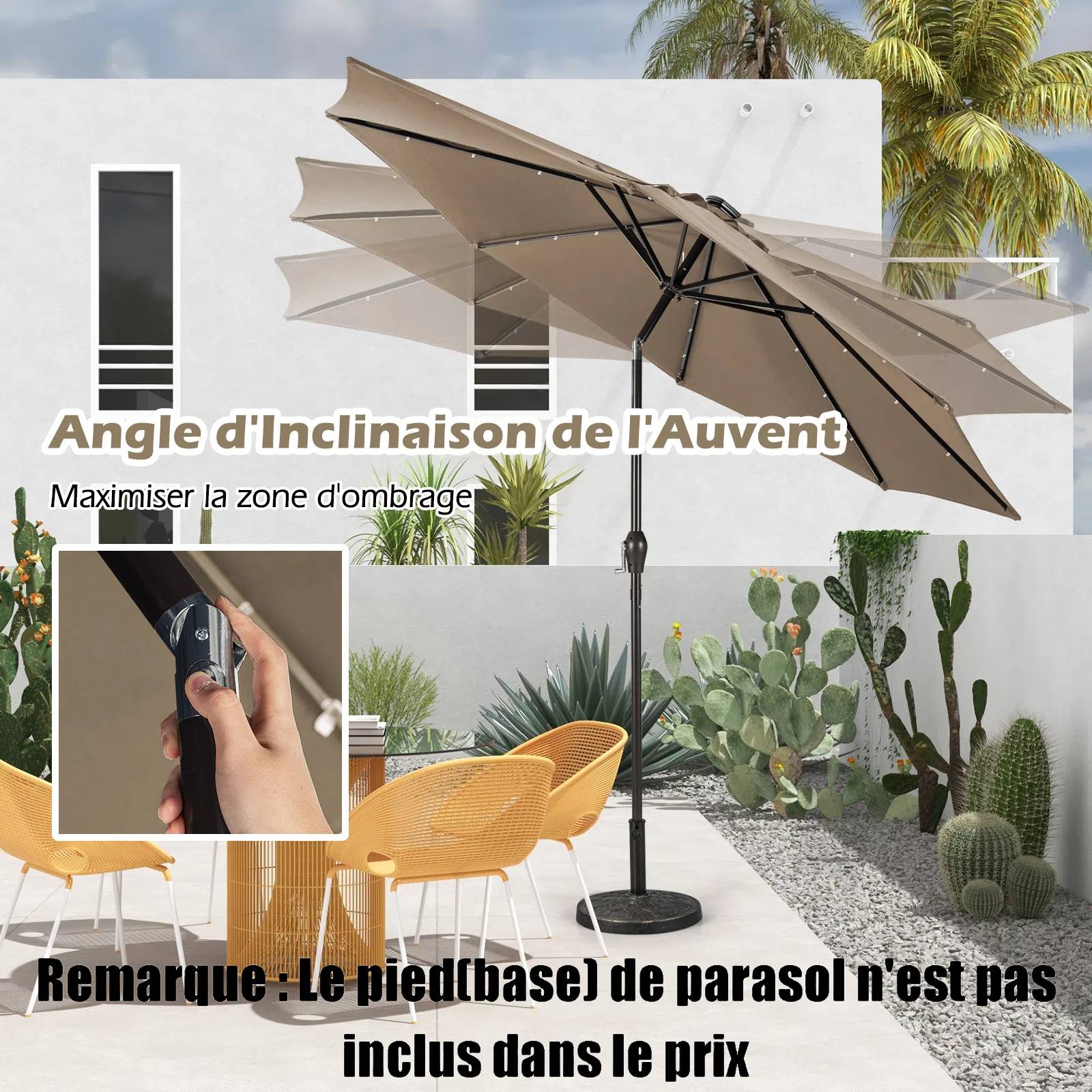 Costway - Parasol de Jardin Exterieur 3M, Parasol Inclinable 8 Baleines, Lumineux Solaire 24 LED, Manivelle, Anti-UV, Grand Parasol en Métal, Marron - Image 6
