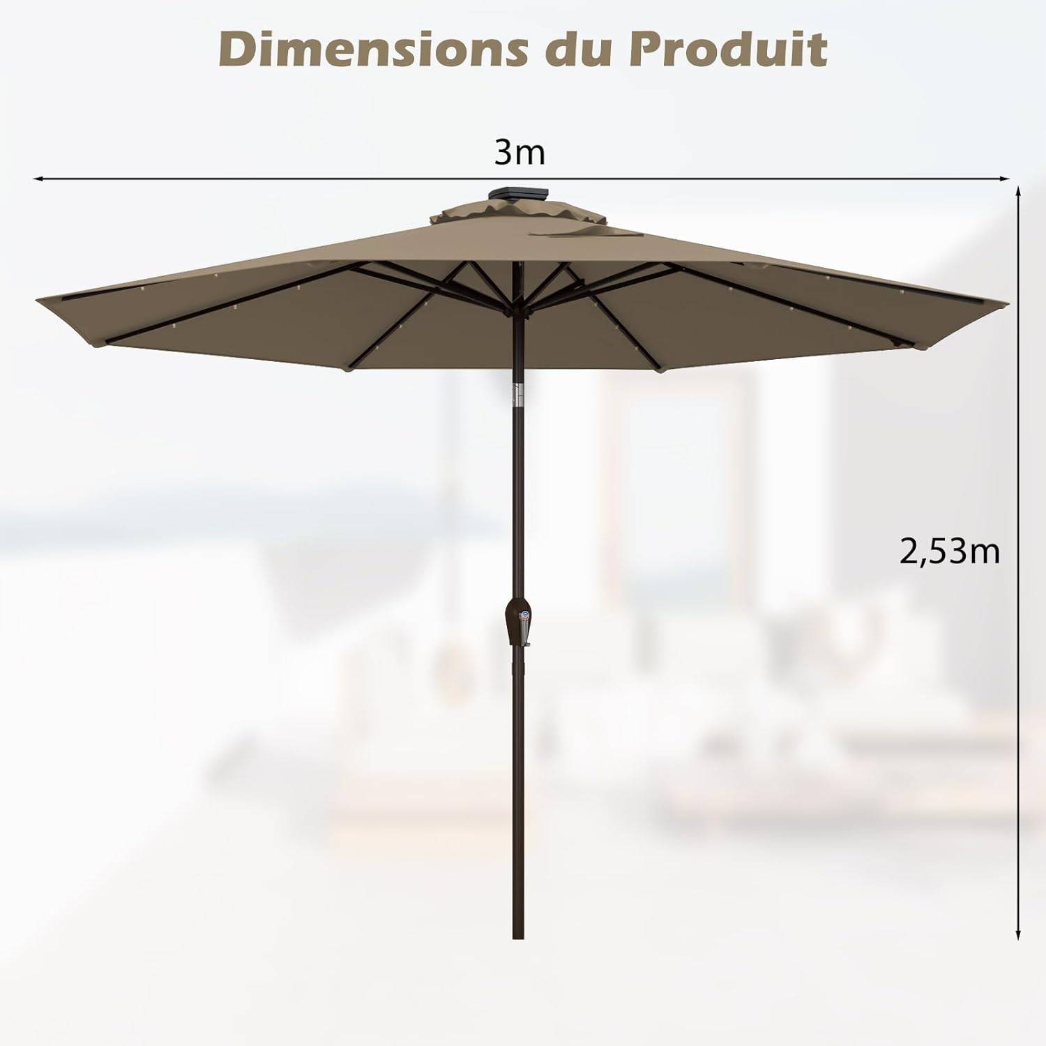 Costway - Parasol de Jardin Exterieur 3M, Parasol Inclinable 8 Baleines, Lumineux Solaire 24 LED, Manivelle, Anti-UV, Grand Parasol en Métal, Marron - Image 4