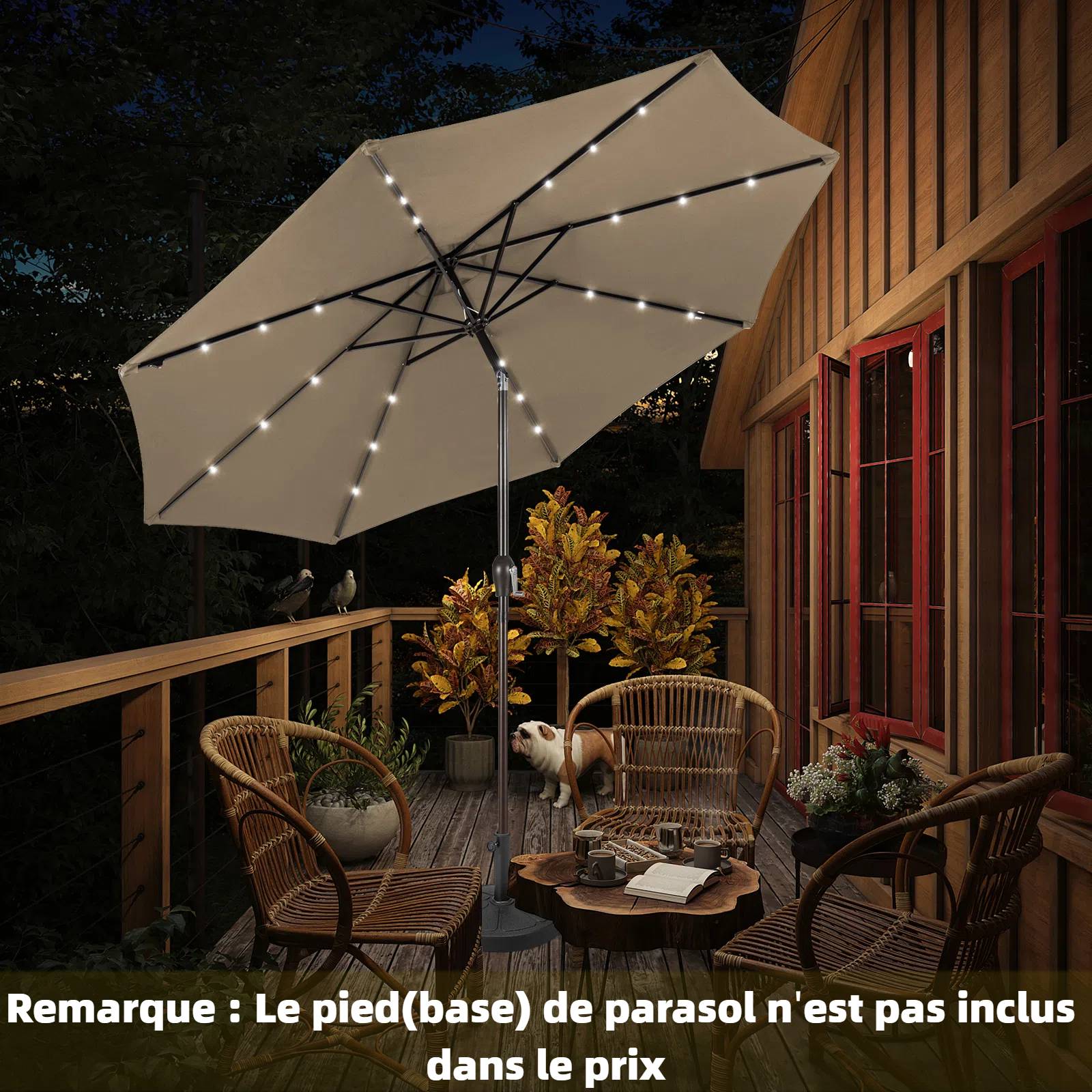 Costway - Parasol de Jardin Exterieur 3M, Parasol Inclinable 8 Baleines, Lumineux Solaire 24 LED, Manivelle, Anti-UV, Grand Parasol en Métal, Marron - Image 3