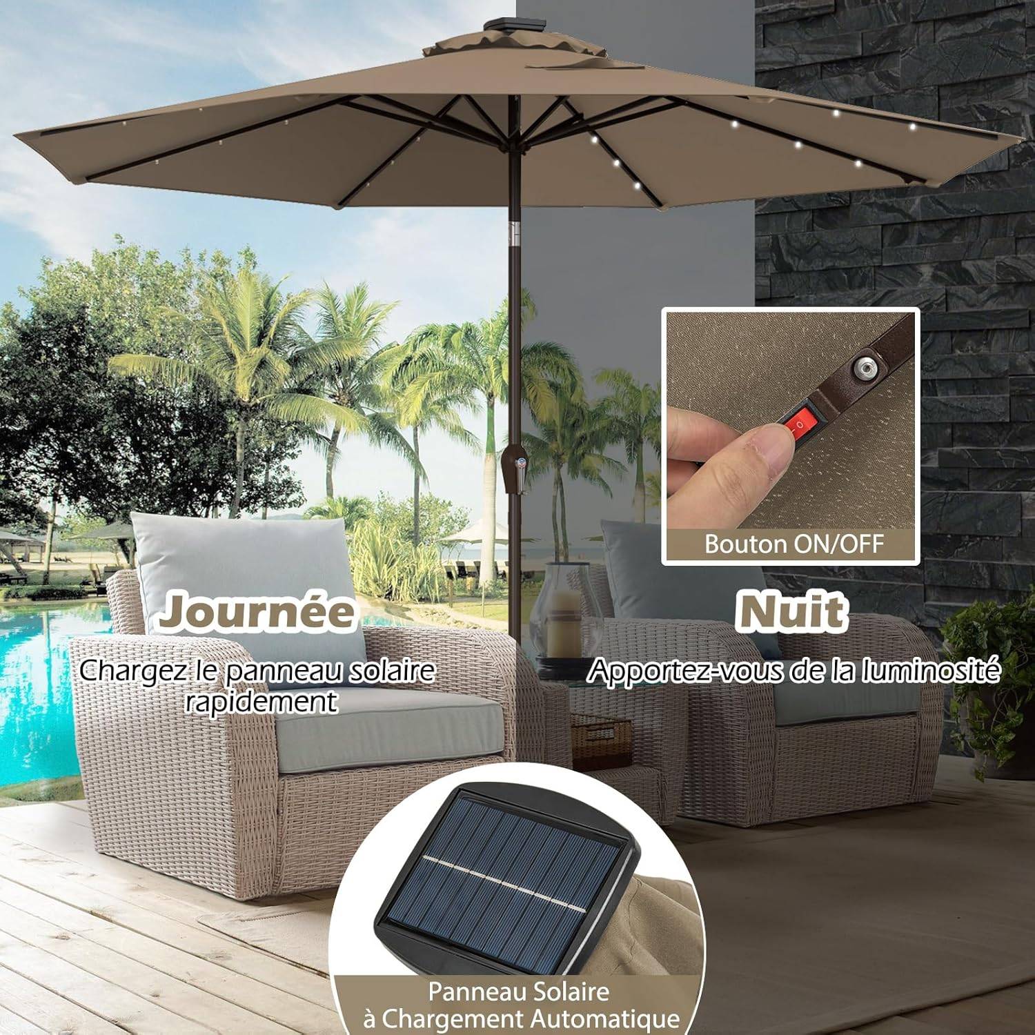 Costway - Parasol de Jardin Exterieur 3M, Parasol Inclinable 8 Baleines, Lumineux Solaire 24 LED, Manivelle, Anti-UV, Grand Parasol en Métal, Marron - Image 7