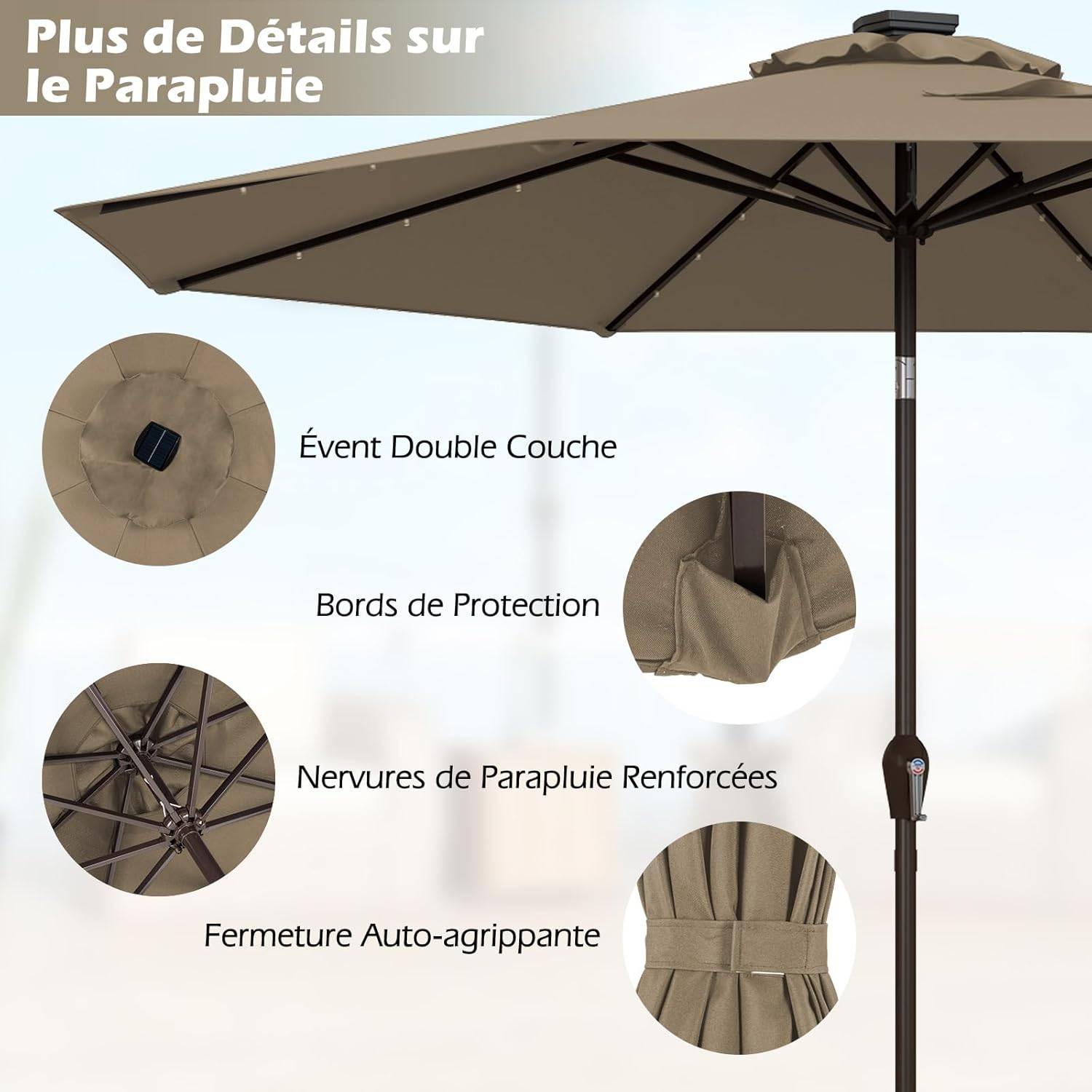 Costway - Parasol de Jardin Exterieur 3M, Parasol Inclinable 8 Baleines, Lumineux Solaire 24 LED, Manivelle, Anti-UV, Grand Parasol en Métal, Marron - Image 9