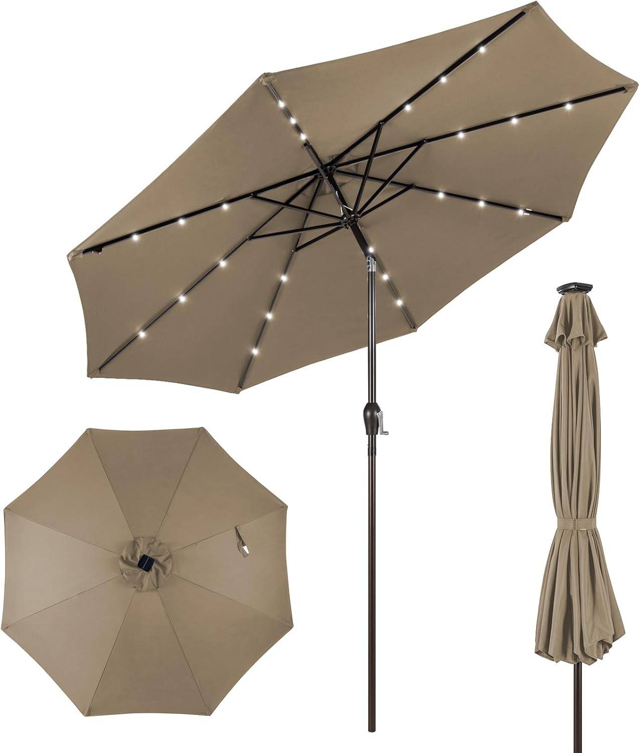 Costway - Parasol de Jardin Exterieur 3M, Parasol Inclinable 8 Baleines, Lumineux Solaire 24 LED, Manivelle, Anti-UV, Grand Parasol en Métal, Marron - Image 1