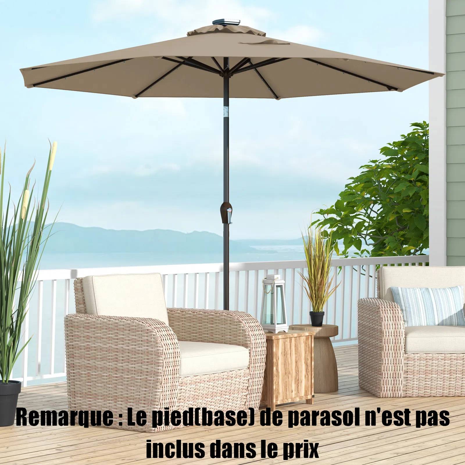 Costway - Parasol de Jardin Exterieur 3M, Parasol Inclinable 8 Baleines, Lumineux Solaire 24 LED, Manivelle, Anti-UV, Grand Parasol en Métal, Marron - Image 2