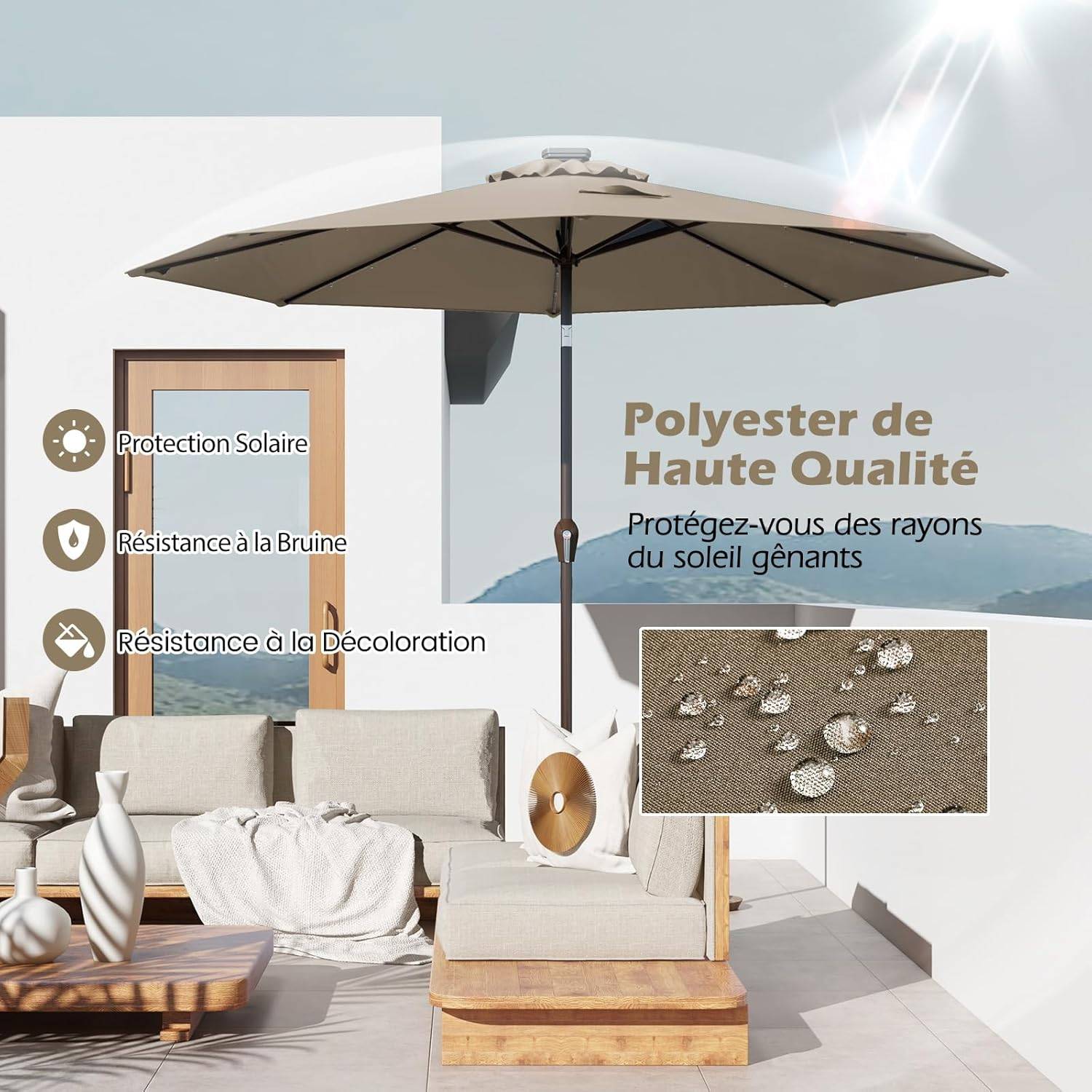 Costway - Parasol de Jardin Exterieur 3M, Parasol Inclinable 8 Baleines, Lumineux Solaire 24 LED, Manivelle, Anti-UV, Grand Parasol en Métal, Marron - Image 5
