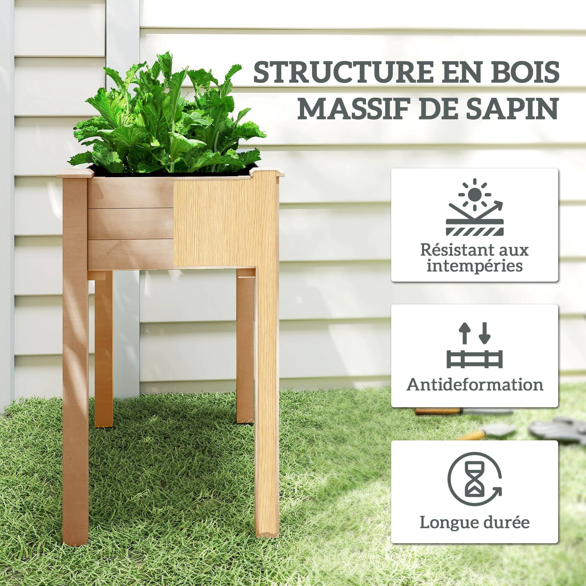 Carré potager surélevé Bois de sapin pour extérieur Culture avec drainage 86cm naturel - ComfortXL Outdoor Living - Image 7