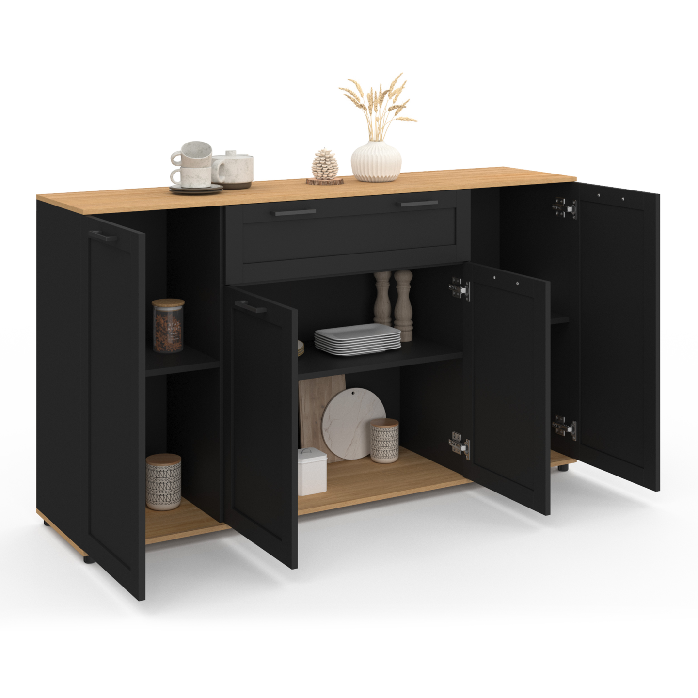 Buffet 140 cm VITO 4 portes et 1 tiroir noir et bois - Image 4