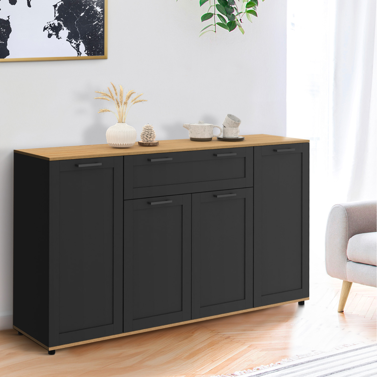 Buffet 140 cm VITO 4 portes et 1 tiroir noir et bois - Image 1