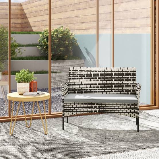 Canapé de jardin 2 places en rotin PE avec coussins, cadre en acier, Gris clair, résistant aux intempéries - Image 8