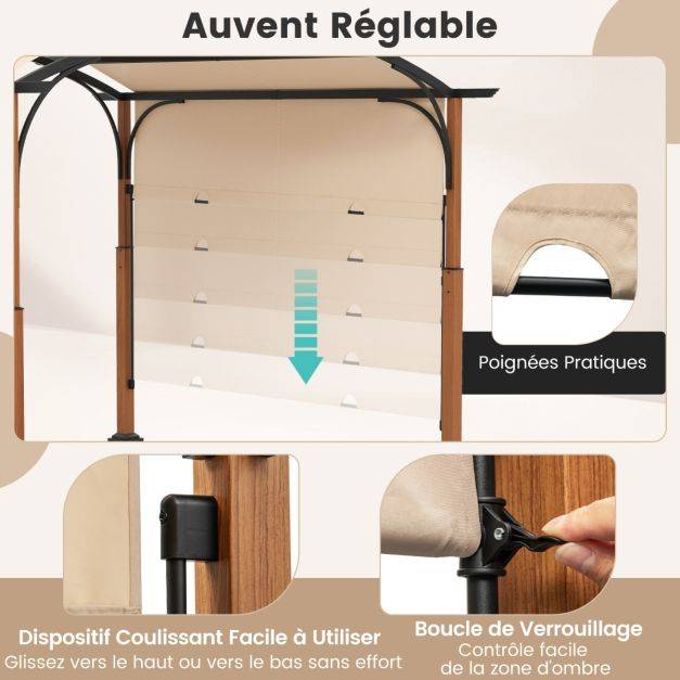 Helloshop26 - Pergola rétractable 300 x 360 cm pergola métallique à arcs pour patio avec auvent rétractable poteaux aspect bois tonnelle treillis gris - Image 3