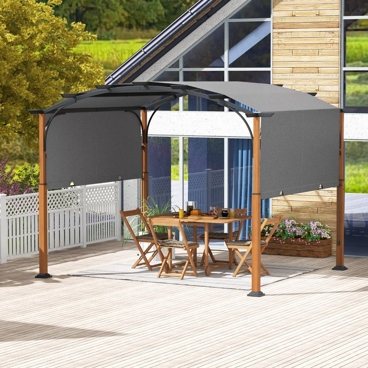Helloshop26 - Pergola rétractable 300 x 360 cm pergola métallique à arcs pour patio avec auvent rétractable poteaux aspect bois tonnelle treillis gris - Image 2