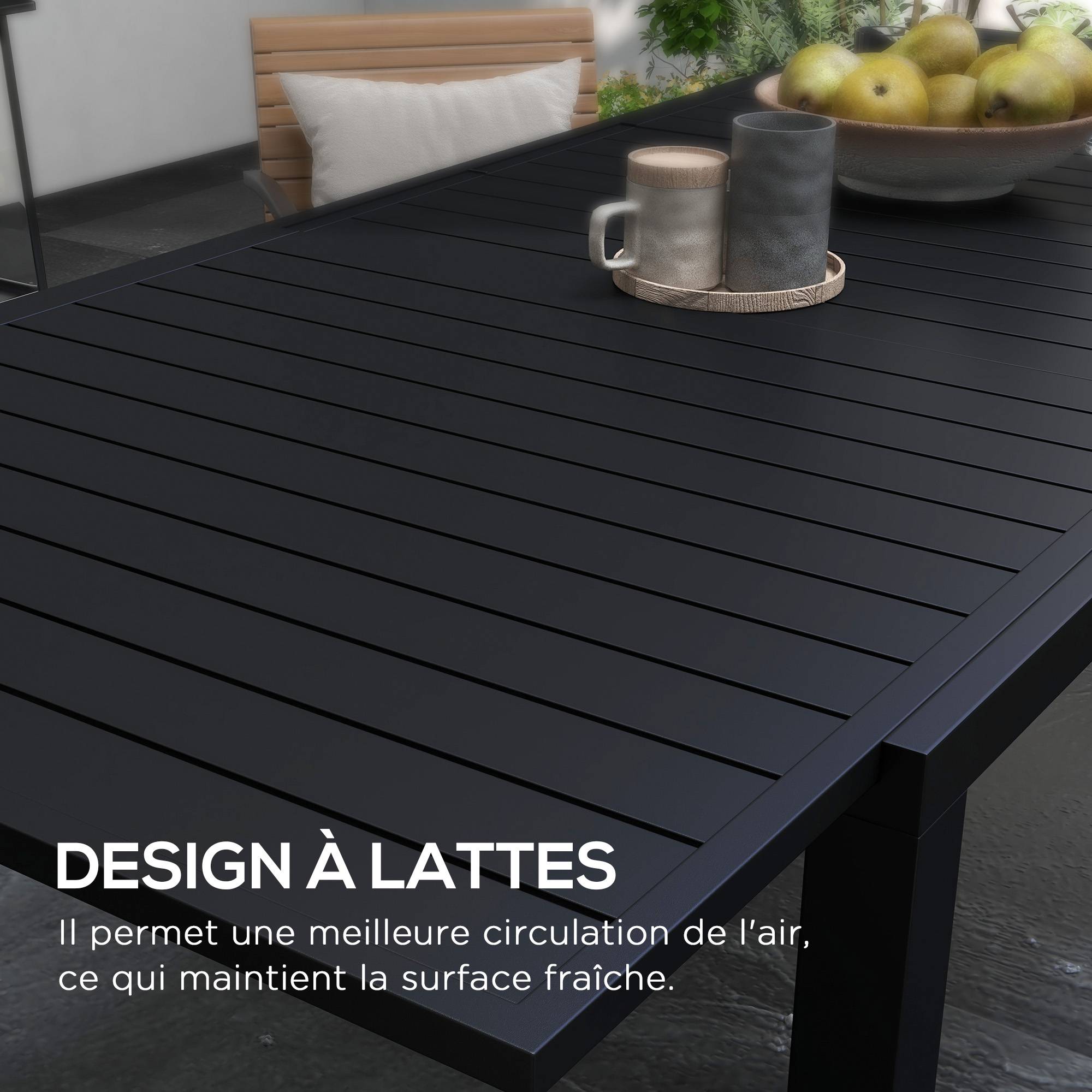 Table de jardin extensible en aluminium rectangulaire 6 - 8 personnes, dim. 180/240L x 94l x 73H cm, noir - Image 8
