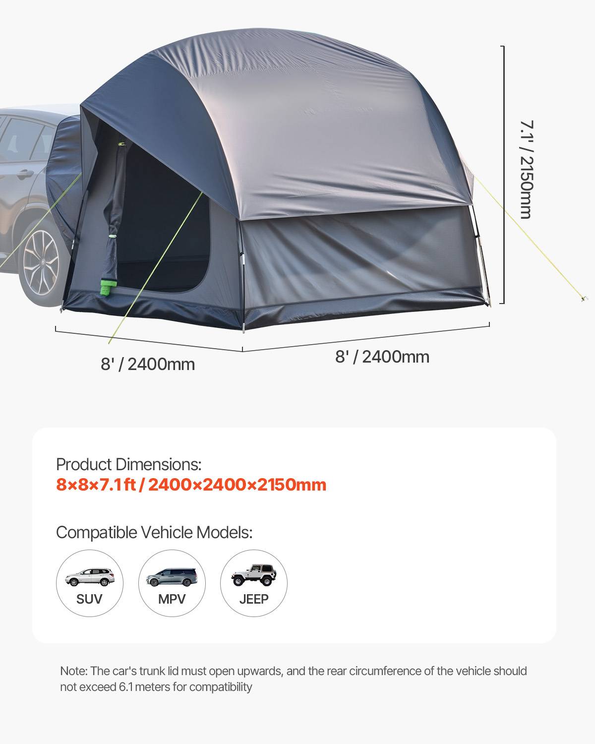 VEVOR Tente hayon SUV 2400x2400 mm, imperméable, double couche, 5-8 pers. Fenêtres maille. - Image 7