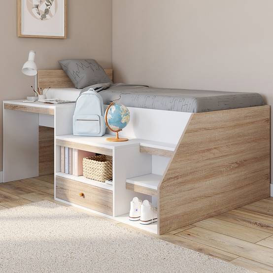 Lit combiné avec sommier, bureau et rangement LEOPOLD 90 x 190 cm hêtre et blanc - Image 1
