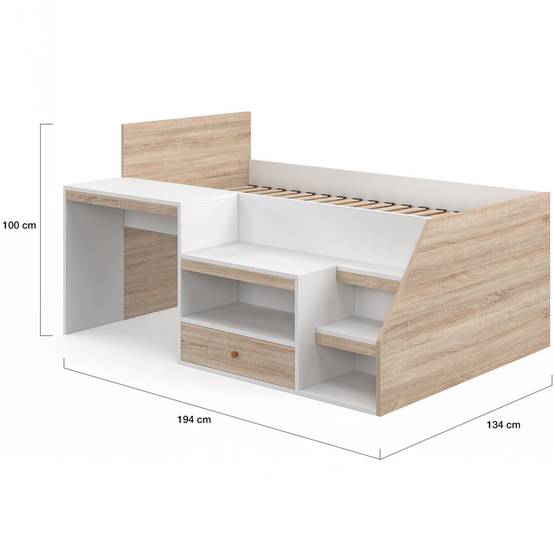 Lit combiné avec sommier, bureau et rangement LEOPOLD 90 x 190 cm hêtre et blanc - Image 4