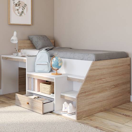 Lit combiné avec sommier, bureau et rangement LEOPOLD 90 x 190 cm hêtre et blanc - Image 5