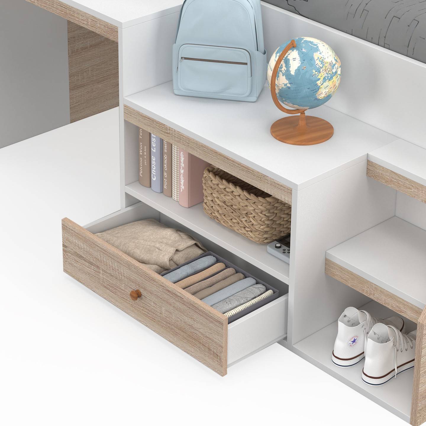 Lit combiné avec sommier, bureau et rangement LEOPOLD 90 x 190 cm hêtre et blanc - Image 6