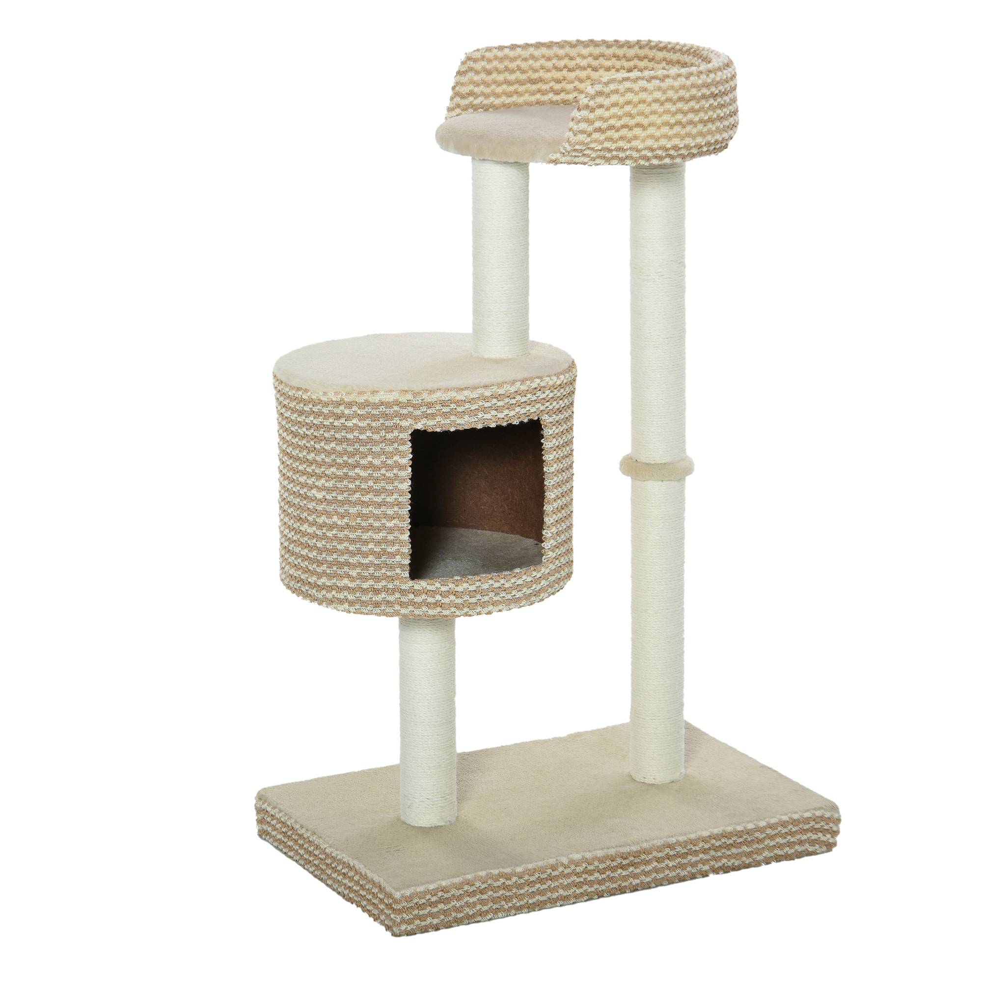 Pawhut - Arbre à chats style cosy chic griffoirs jute naturelle niche plateforme peluche courte bicolore beige café - Image 1