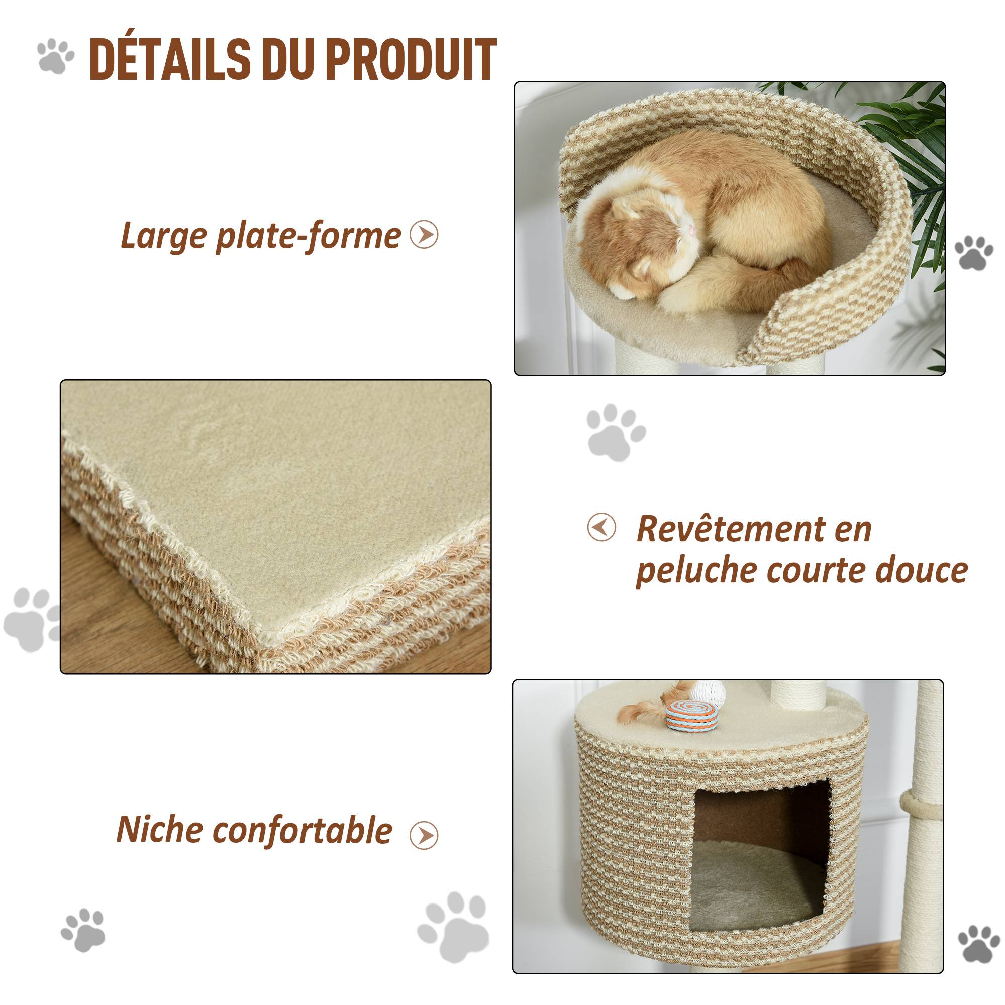 Pawhut - Arbre à chats style cosy chic griffoirs jute naturelle niche plateforme peluche courte bicolore beige café - Image 5