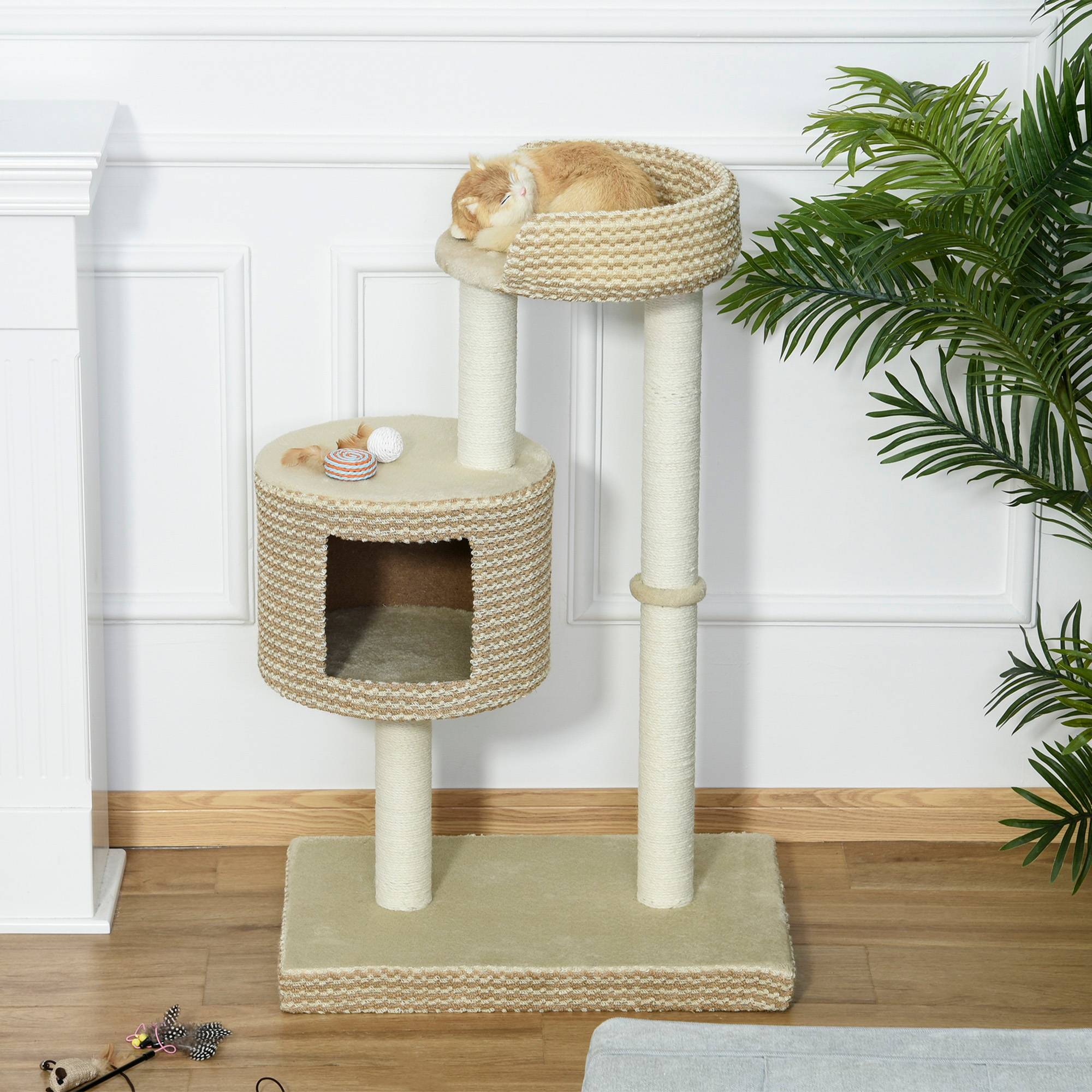 Pawhut - Arbre à chats style cosy chic griffoirs jute naturelle niche plateforme peluche courte bicolore beige café - Image 2