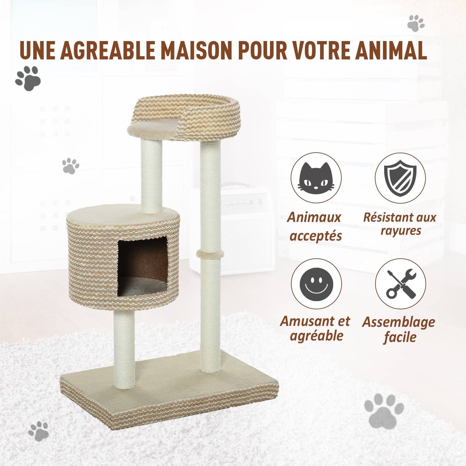 Pawhut - Arbre à chats style cosy chic griffoirs jute naturelle niche plateforme peluche courte bicolore beige café - Image 4
