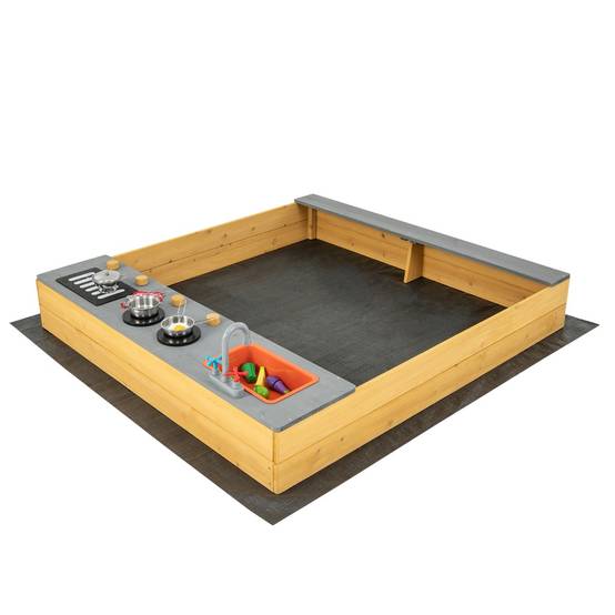 Bac à Sable Extérieur en Bois pour Enfants avec Accessoires de Cuisine Banc Intégré et Doublure Inférieure pour 3-8 Ans Naturel - Image 3