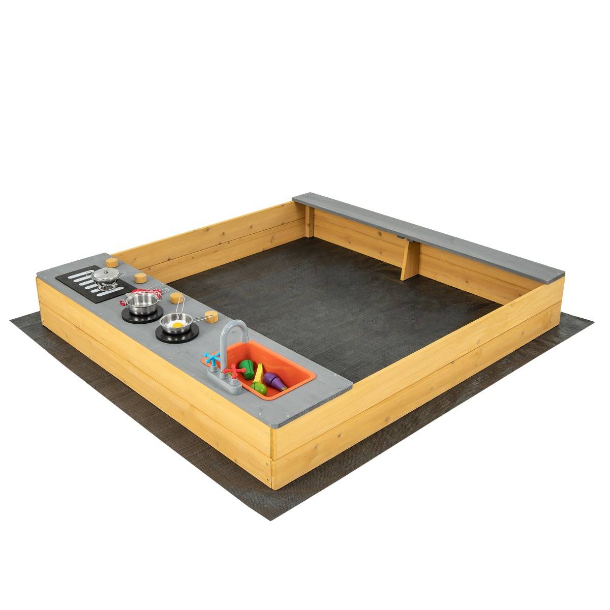 Bac à Sable Extérieur en Bois pour Enfants avec Accessoires de Cuisine Banc Intégré et Doublure Inférieure pour 3-8 Ans Naturel - Image 3