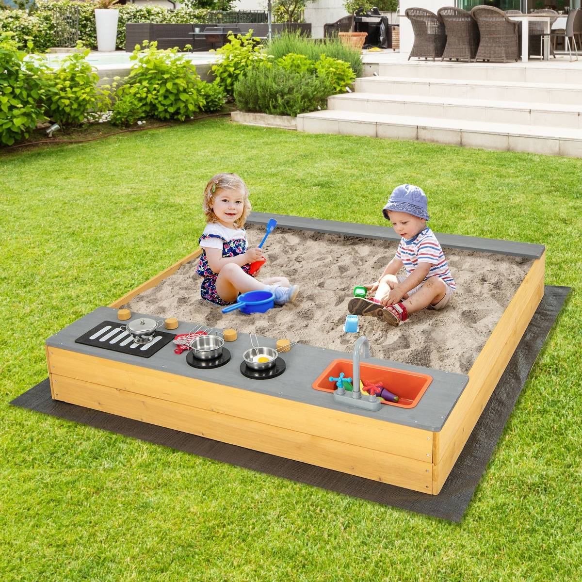 Bac à Sable Extérieur en Bois pour Enfants avec Accessoires de Cuisine Banc Intégré et Doublure Inférieure pour 3-8 Ans Naturel - Image 2
