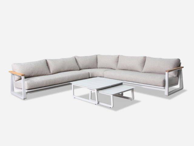 Proloisirs - Set angle Leather II en aluminium accoudoirs en teck avec coussins - crème