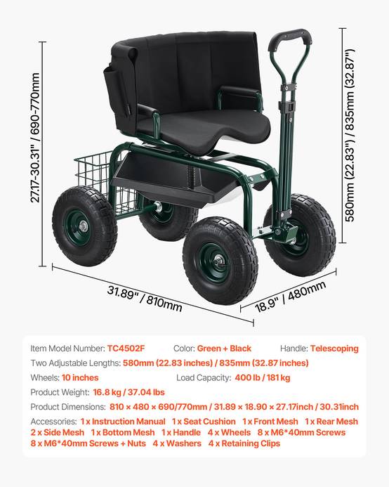 VEVOR Siège Jardin Roulant Tabouret Jardinage sur Roues à Dossier avec Poignée - Image 7