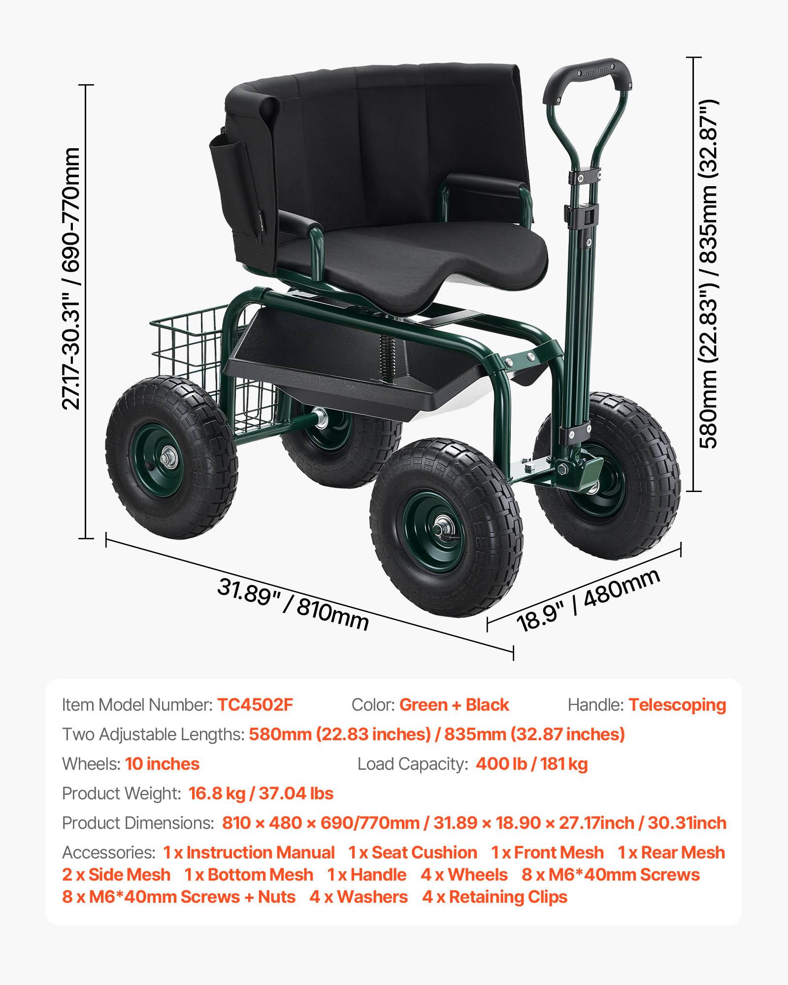 VEVOR Siège Jardin Roulant Tabouret Jardinage sur Roues à Dossier avec Poignée - Image 7