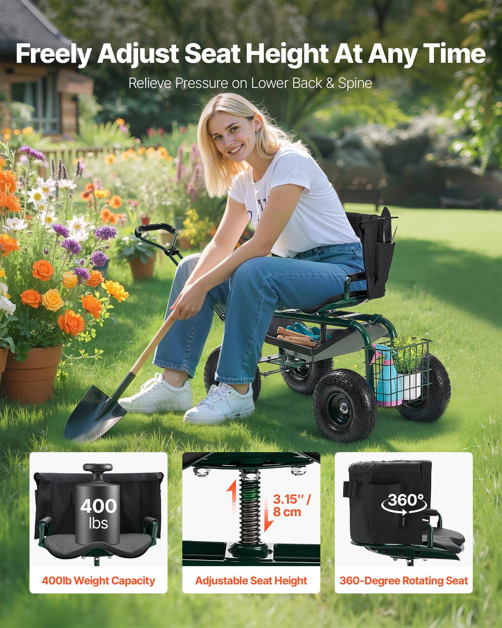 VEVOR Siège Jardin Roulant Tabouret Jardinage sur Roues à Dossier avec Poignée - Image 2