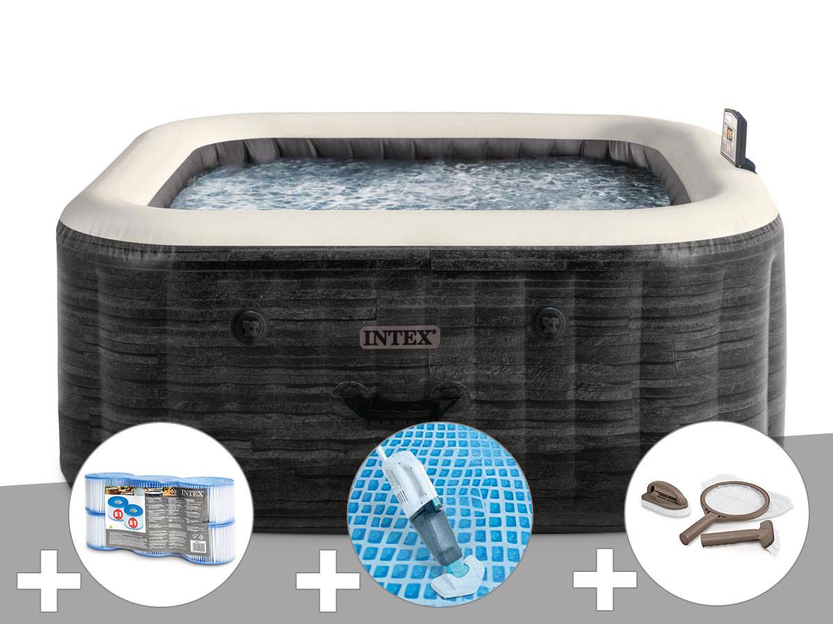 Kit spa gonflable Intex PureSpa Ardoise carré Bulles 6 places + 6 filtres + Aspirateur + Kit d'entretien