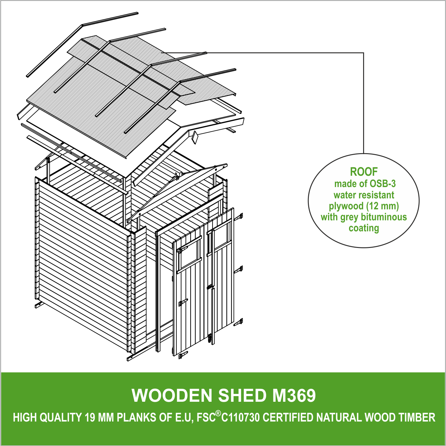 Timbela - Abri de jardin en bois - Stockage extérieur I236xL226xH218 cm/ 4.33 m² - Petit abri à outils, Local à vélos - 19 mm d’épaisseur - Timbela M369 - Image 7