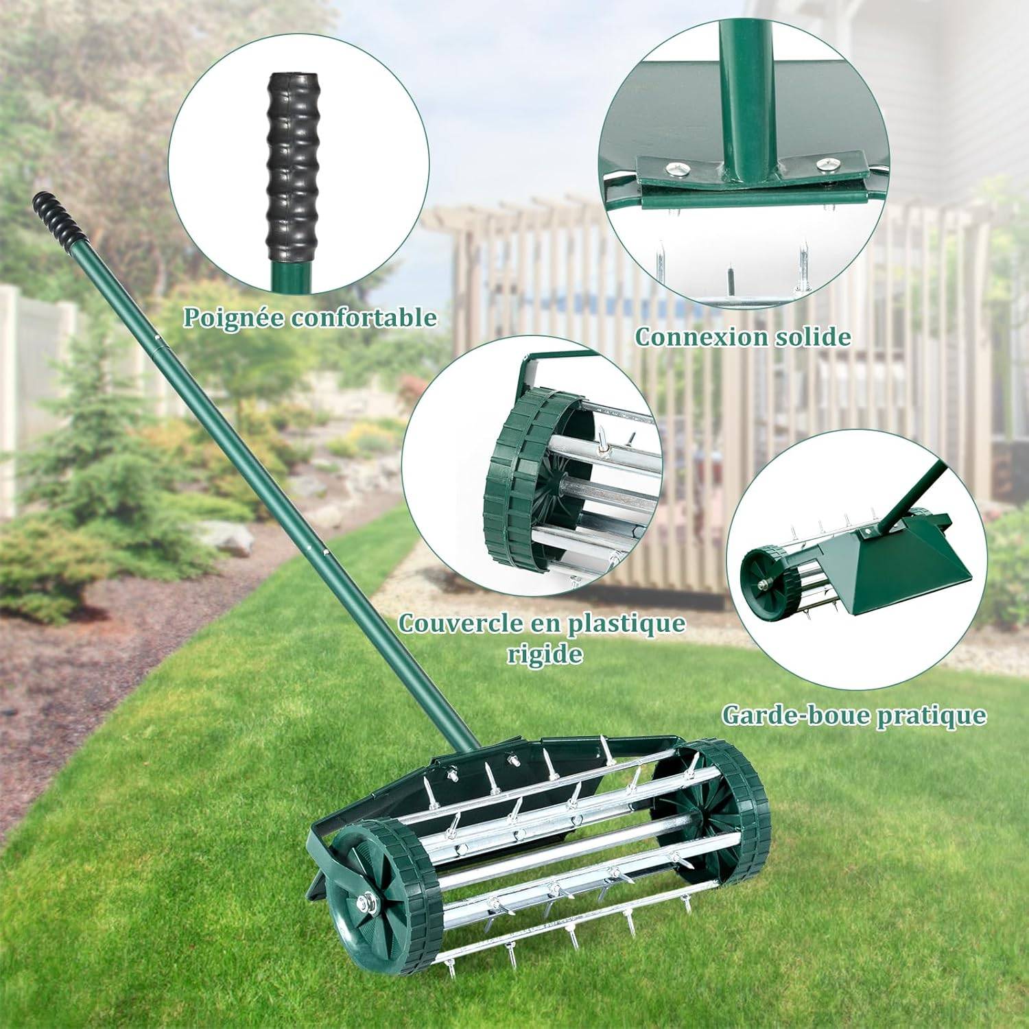Aérateur à Gazon Roulant de 46 cm, Scarificateur Manuel à Pointes Rotatives  46 x 15 x 127 cm, Vert - Image 4