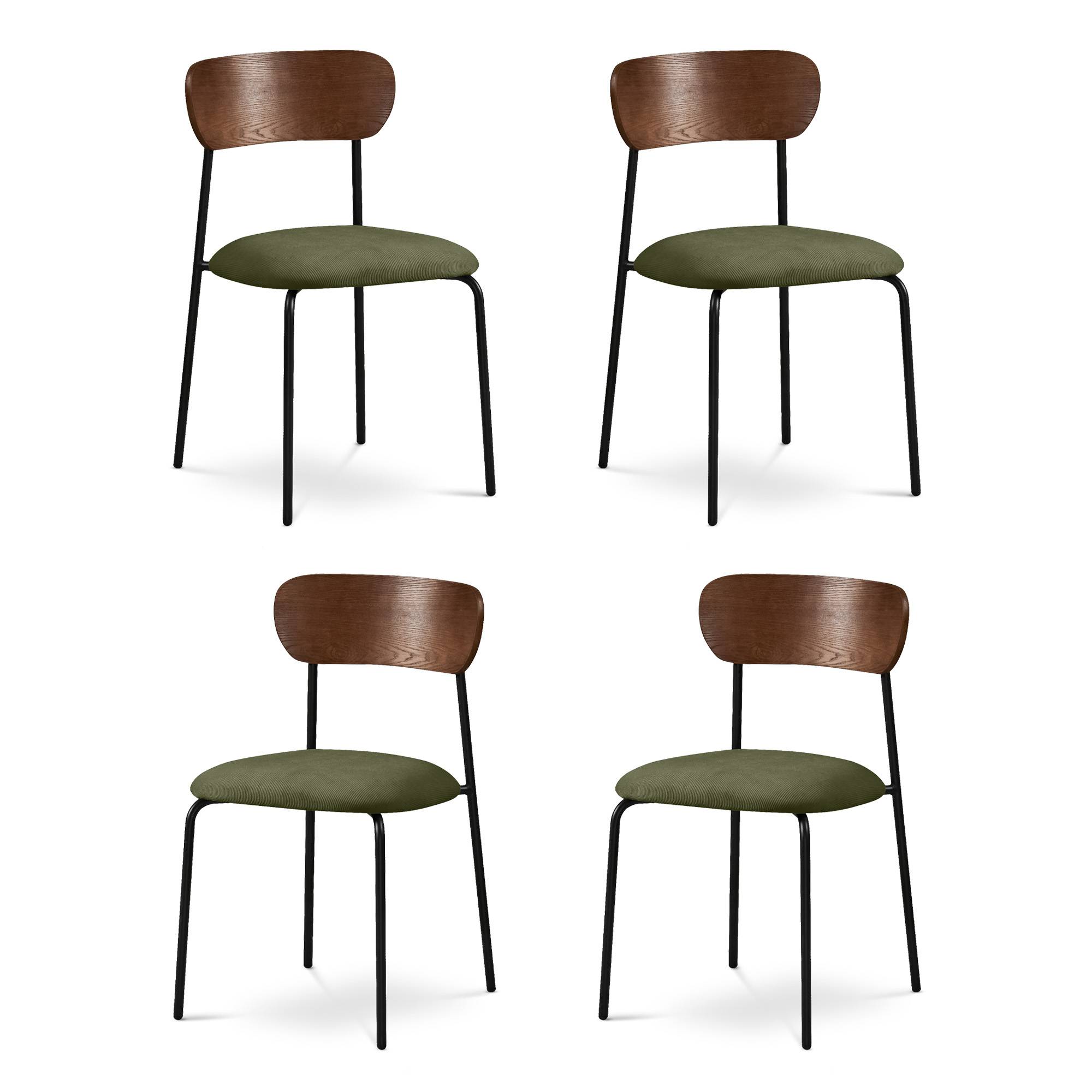 Sicaan Lot de 4 chaises scandinaves velours côtelé kaki et placage frêne pieds métal noir - OLIVIA - Image 3