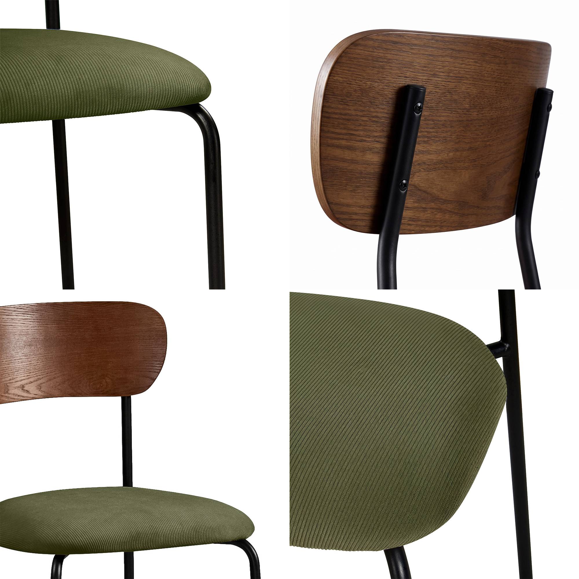 Sicaan Lot de 4 chaises scandinaves velours côtelé kaki et placage frêne pieds métal noir - OLIVIA - Image 7