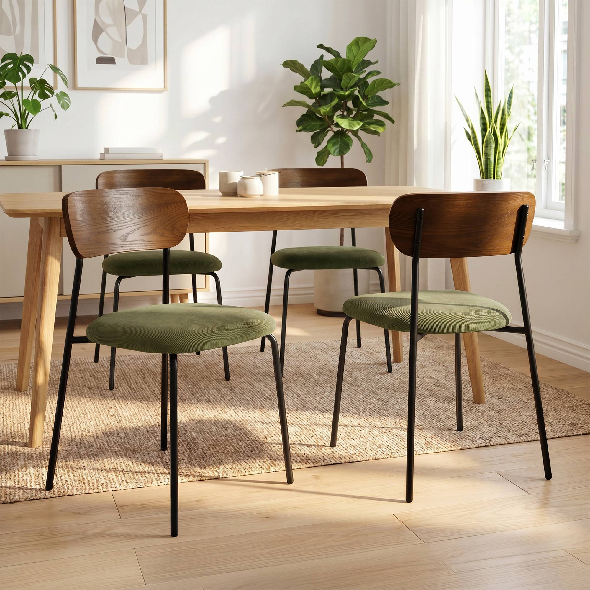 Sicaan Lot de 4 chaises scandinaves velours côtelé kaki et placage frêne pieds métal noir - OLIVIA - Image 1