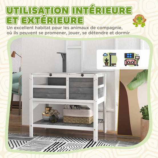 Maison enclos pour tortues sur pieds avec étagère de rangement en bois massif - 84 x 51 x 103 cm - Image 10