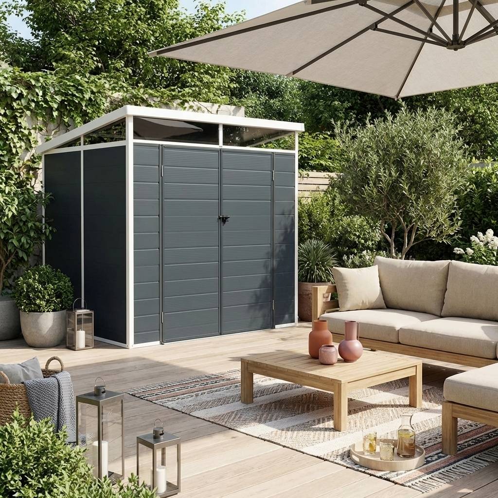 sweeek - Abri de jardin plastique 4.55 m². anthracite. avec toiture monopente skylight. fenêtre et grande porte d'entrée. 238 x 190 x 215 cm | sweeek - Image 1