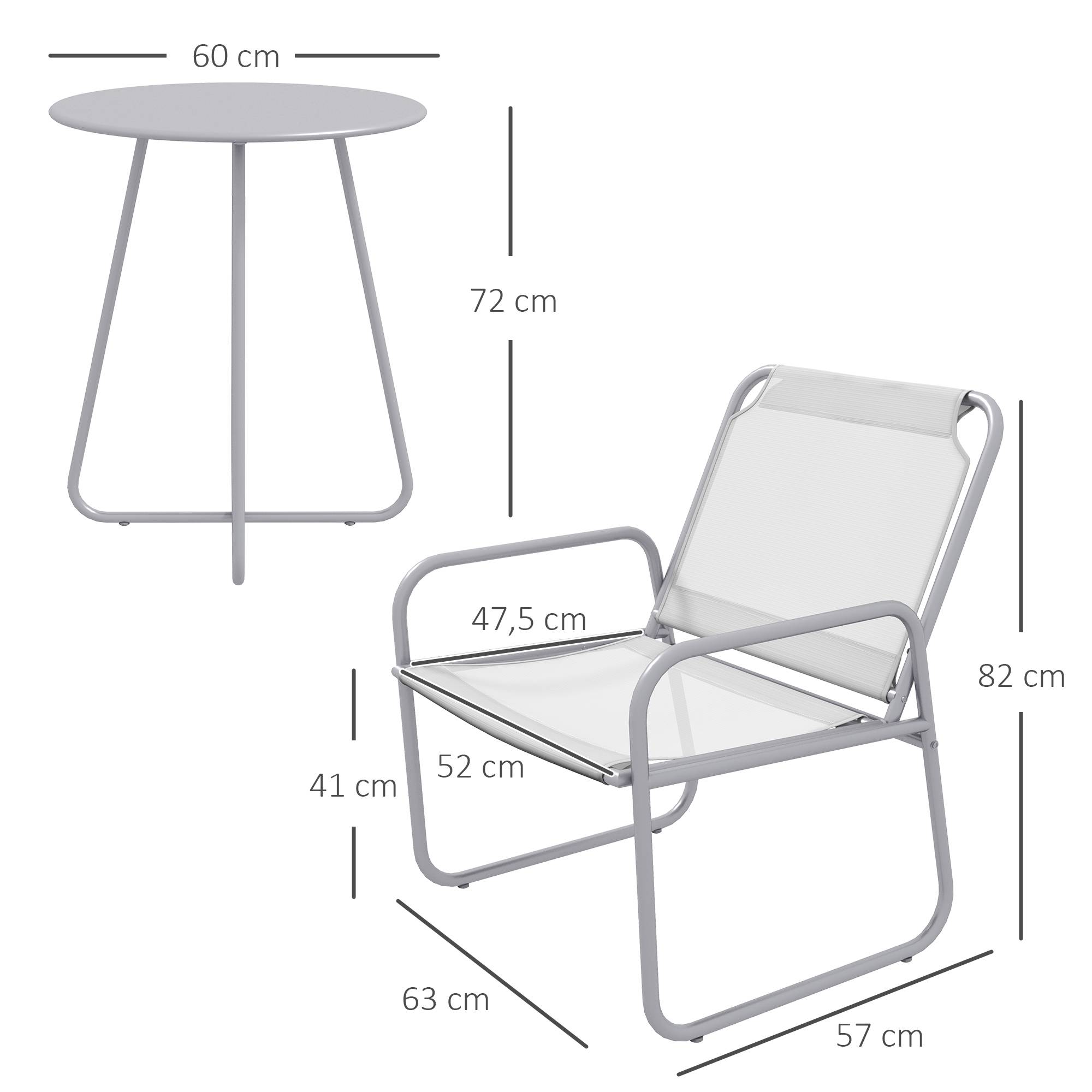 Salon de Jardin Bistro Acier Textilène Pour Balcon Terrasse 3 Pièces Gris - ComfortXL Outdoor Living - Image 3