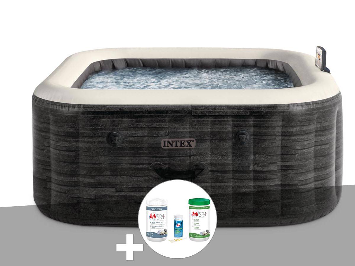 Kit spa gonflable Intex PureSpa Ardoise carré Bulles 4 places + Kit de traitement brome