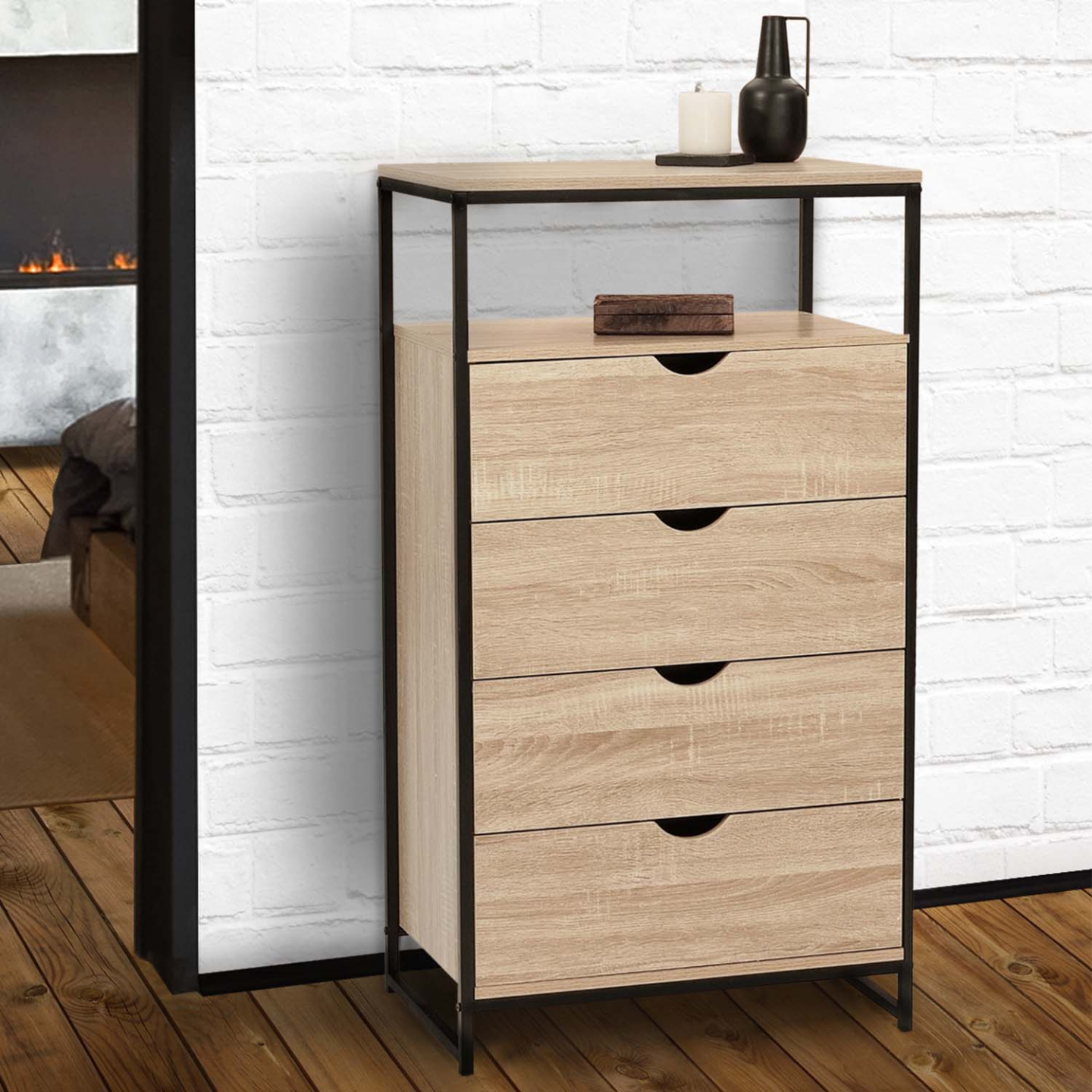 Commode Design Industriel Commode 4 Tiroirs Detroit IDMarket - Design Industriel 110cm Avec étagère, Bois Et Métal Rangement Chambre Métal Bois