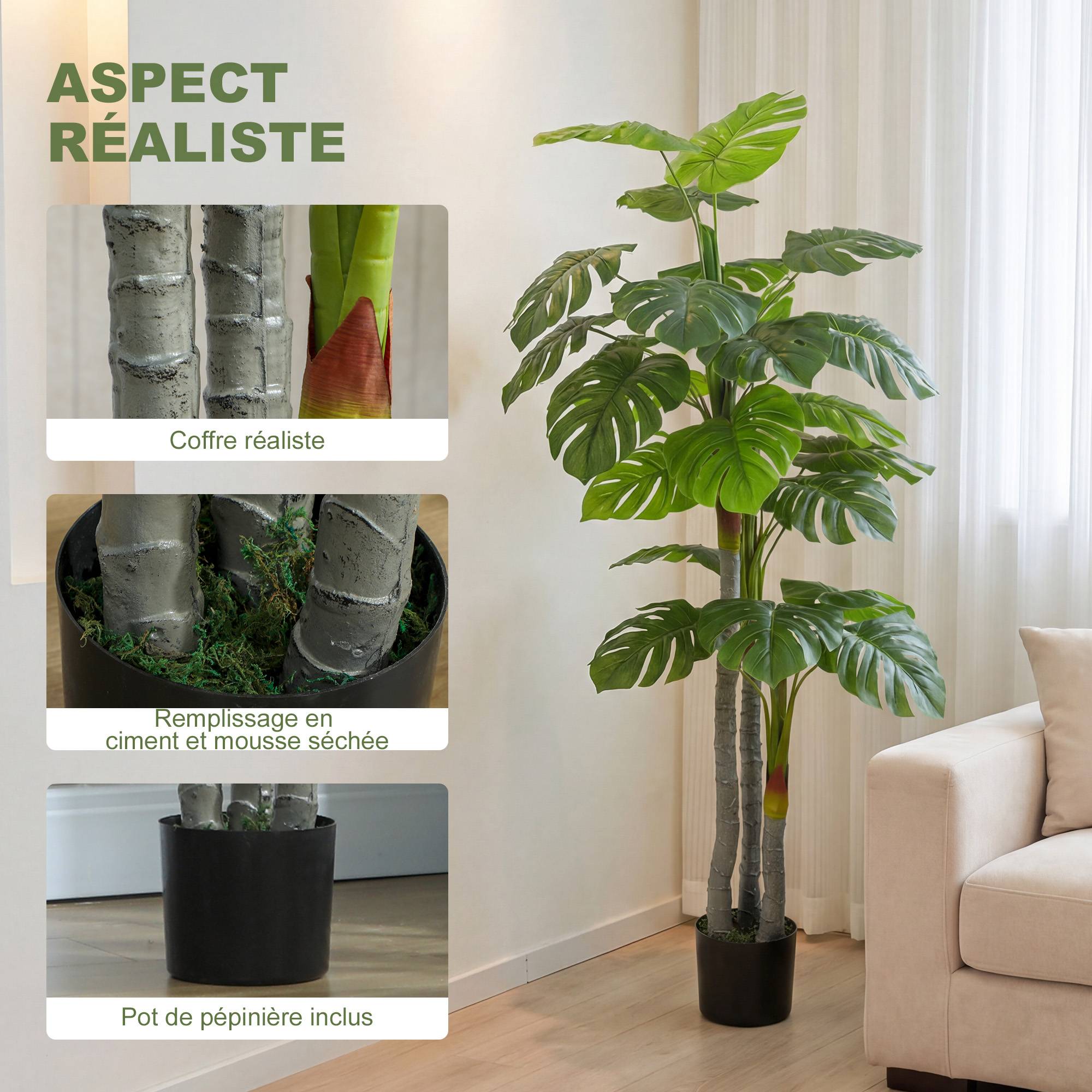 Arbre Artificiel Plante Artificielle Monstera H.1,5 m Tronc Branches Lichen Feuilles de Tortue Grand réalisme Pot Inclus - Image 6